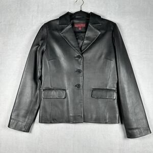 Margaret Godfrey Black Leather Jacket Blazer Size Medium 3-Button Style #9940